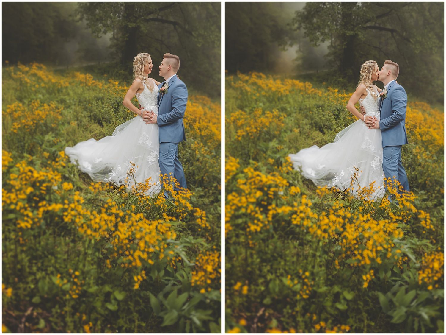 Wedding couple portraits captured in a meadow filled with bright yellow flowers.