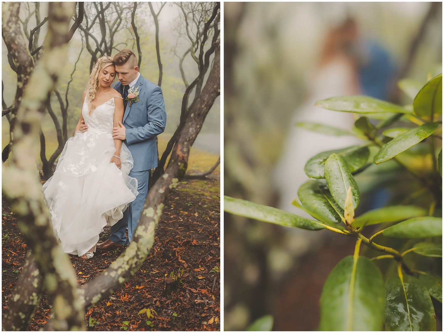 Wedding couple walking among trees and fallen autumn leaves in woodland setting.