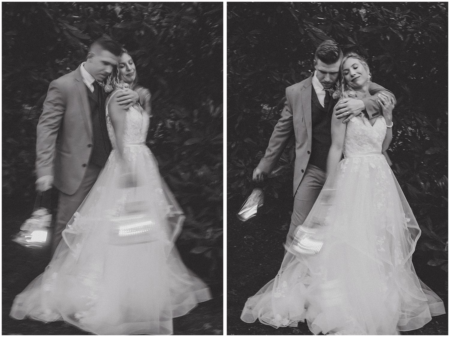 Black and white series showing couple in formal attire dancing outdoors.