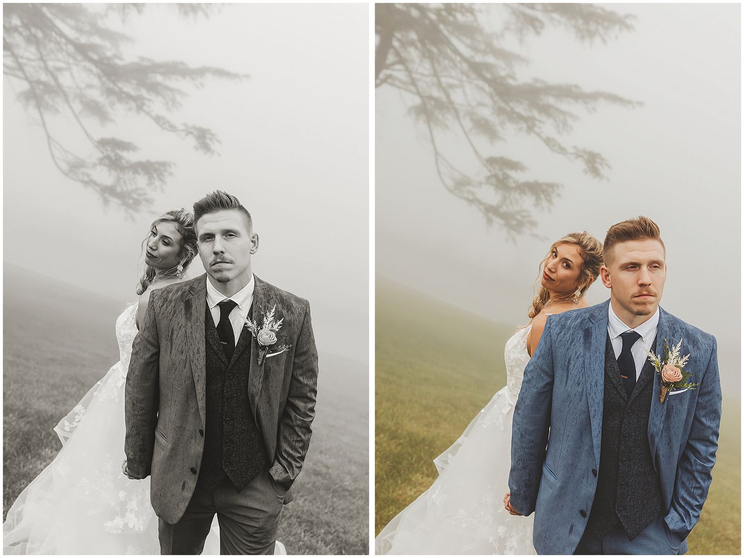 Wedding portraits in foggy field showcasing elegant attire and romantic atmosphere.
