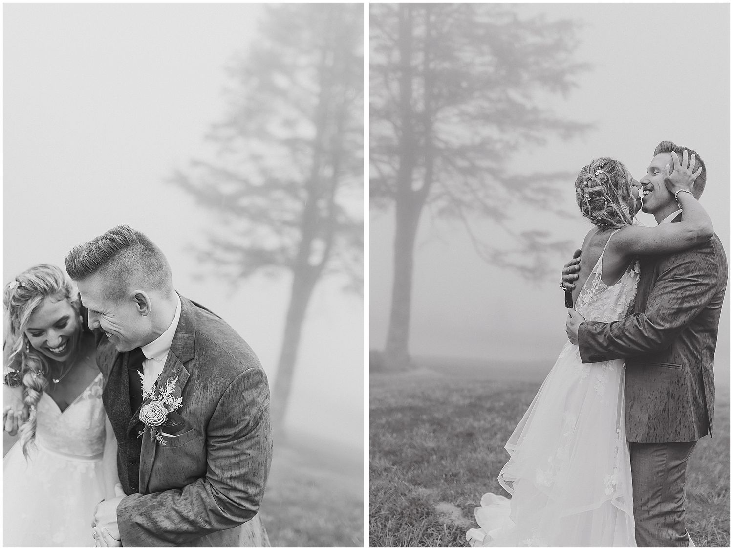 Intimate wedding couple portraits captured in misty outdoor setting.