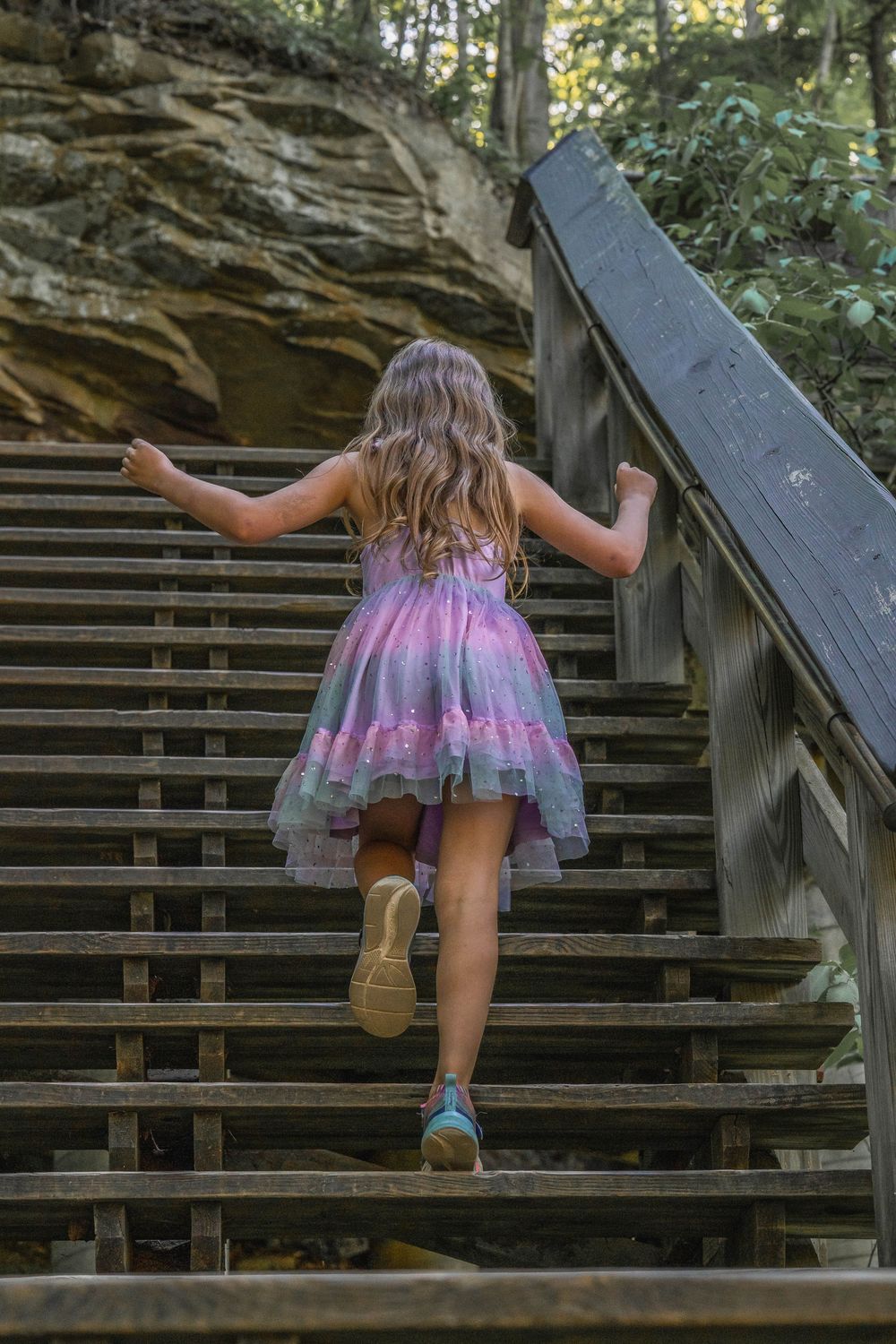 A young girl in a purple fairy dress climbs wooden stairs in a forest park setting.