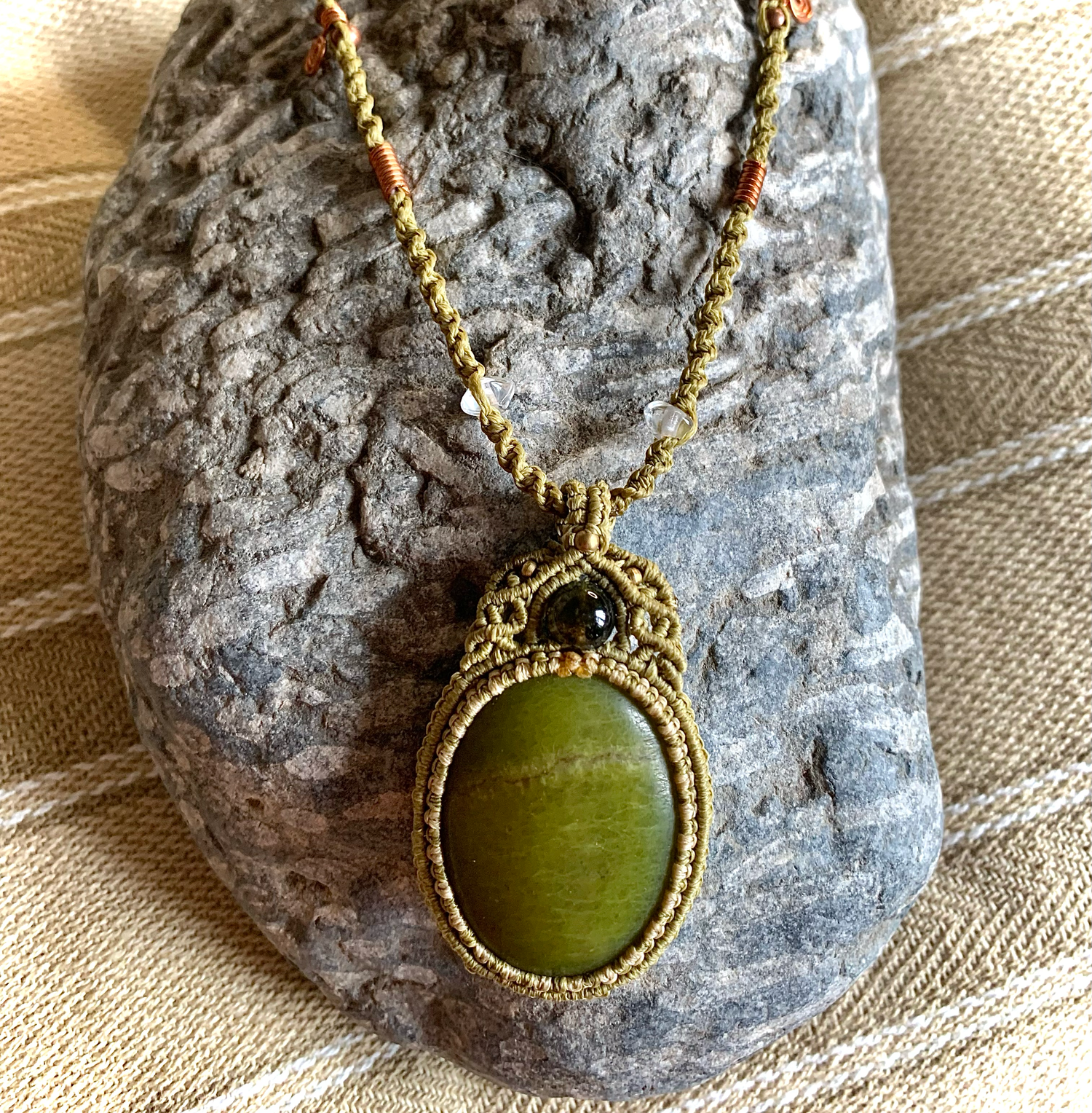 Macramé Necklace with Green Agate gemstone by Woodland  Workbench
