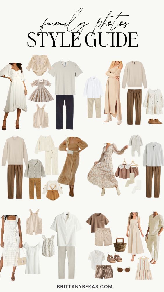 Family photos style guide featuring neutral and earth tone coordinated outfit combinations for photoshoots.
