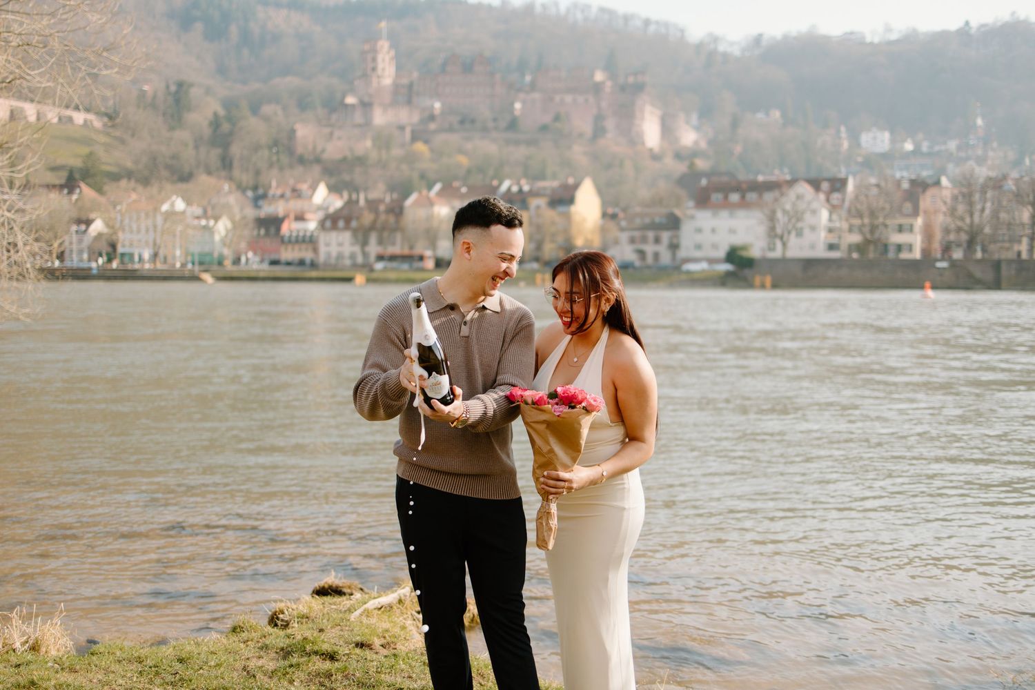 Heidelberg Proposal Photography, Couple in front of Heidelberg Castle during Proposal, Engagement at Nectar River,  Spring Proposal
