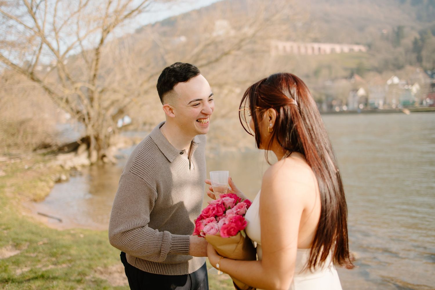 Heidelberg Proposal Photography, Couple in front of Heidelberg Castle during Proposal, Engagement at Nectar River,  Spring Proposal
