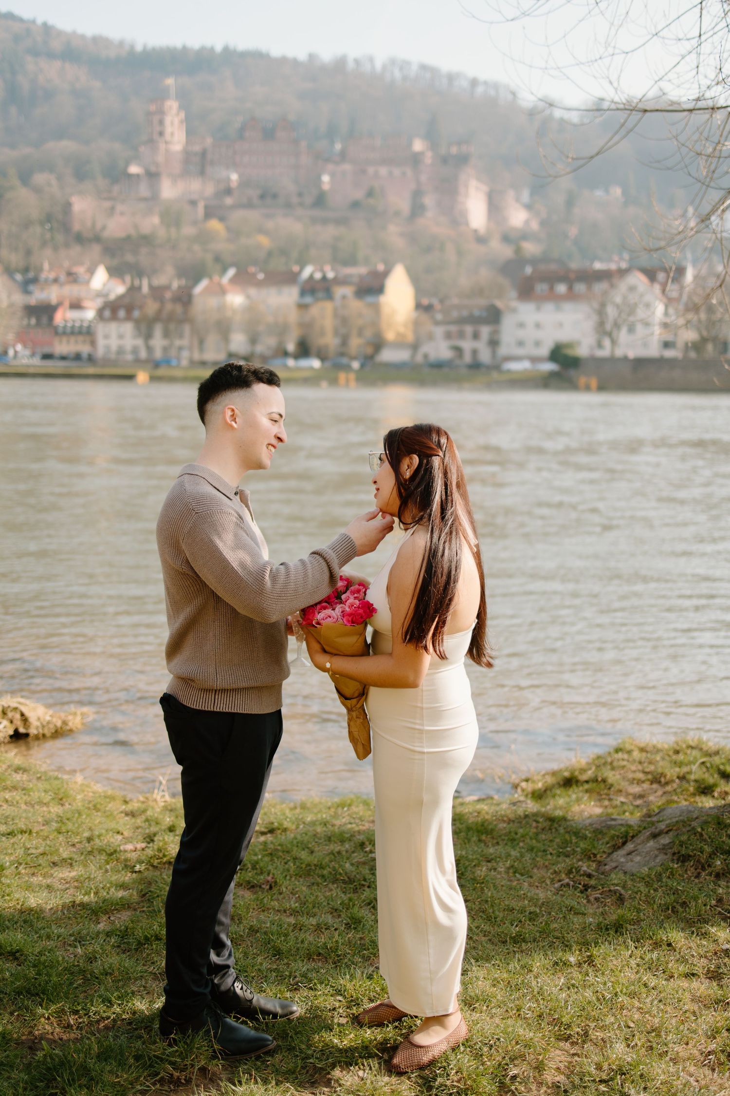 Heidelberg Proposal Photography, Couple in front of Heidelberg Castle during Proposal, Engagement at Nectar River,  Spring Proposal