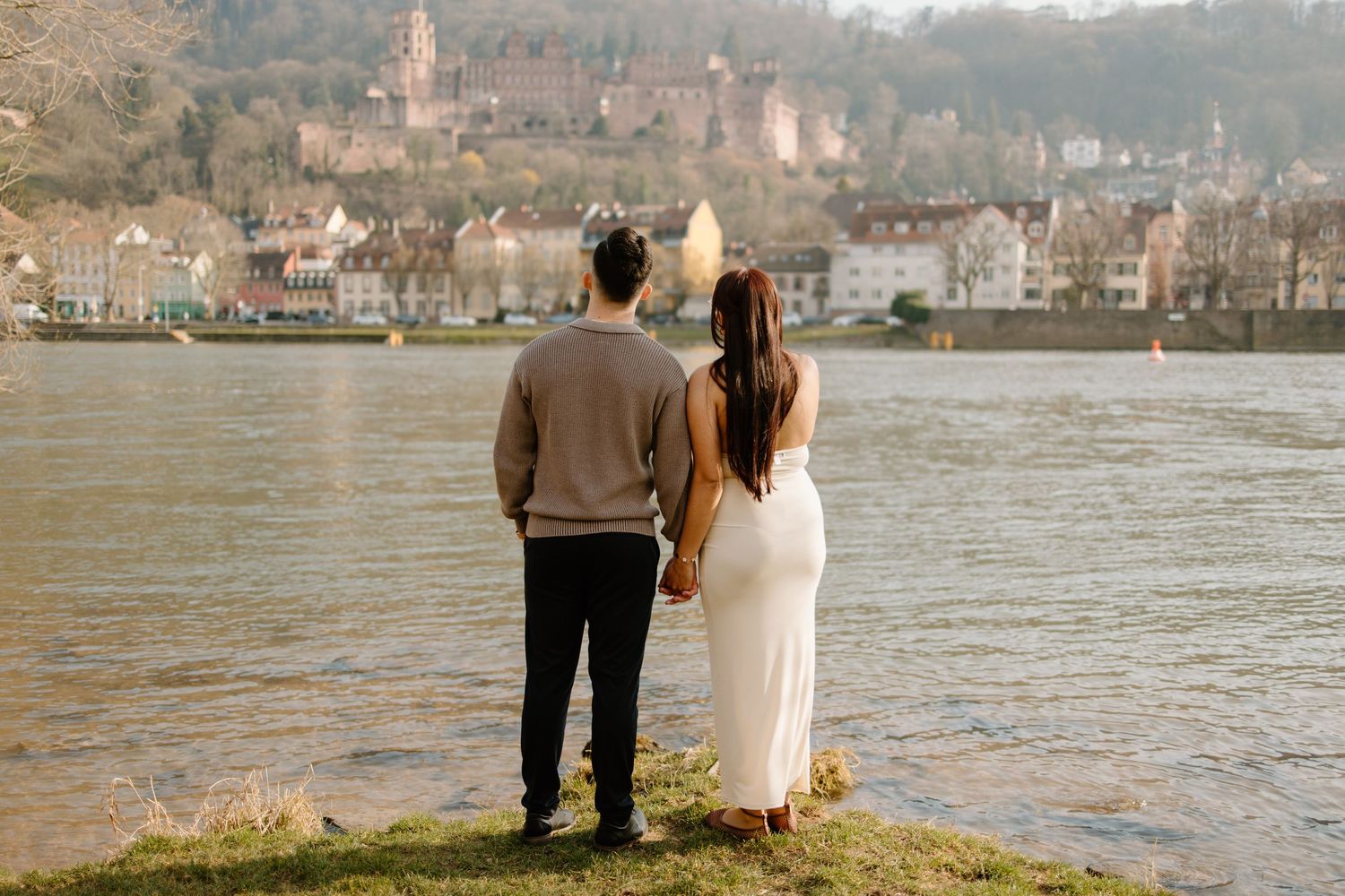 Heidelberg Proposal Photography, Couple in front of Heidelberg Castle during Proposal, Engagement at Nectar River,  Spring Proposal