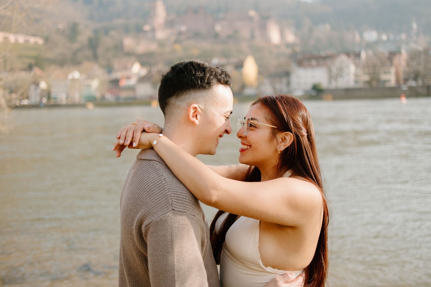 Heidelberg Proposal Photography, Couple in front of Heidelberg Castle during Proposal, Engagement at Nectar River,  Spring Proposal