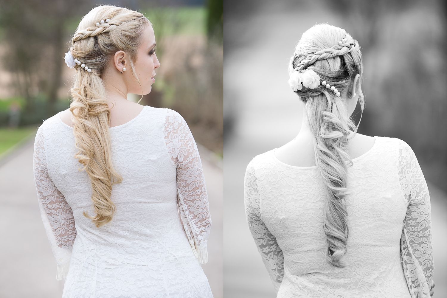 Side-by-side color and black and white photos of bride with braided hairstyle.