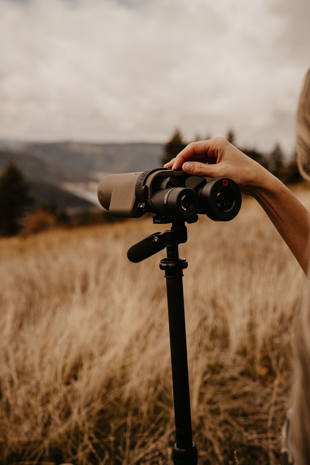 Binoculars mounted on a tripod in a golden field with mountains in the background.