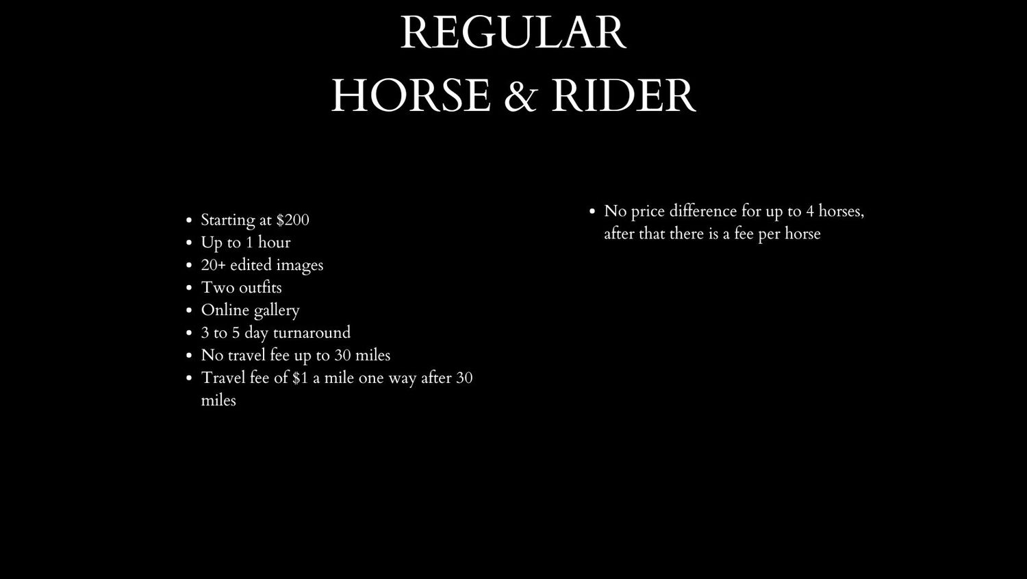 Woman in red shirt with two horses promoting Regular Horse and Rider package with pricing details on dark background.