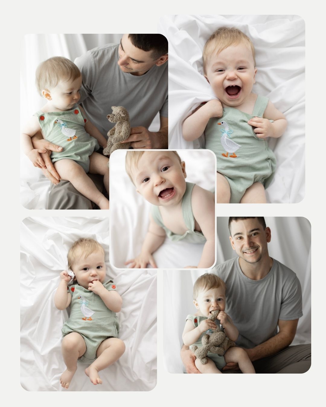 Parent and baby sharing joyful moments while playing together on a light gray bed. Elizabeth Lang Photography Surrey