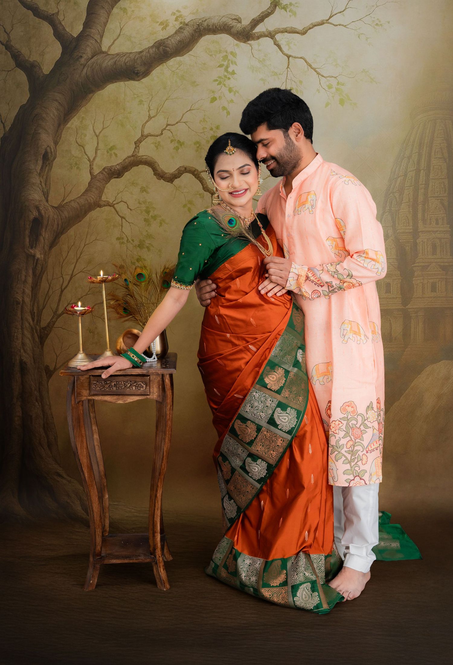 Traditional couple maternity photoshoot in Hyderabad with saree and kurta, capturing emotional bonding and pregnancy moments