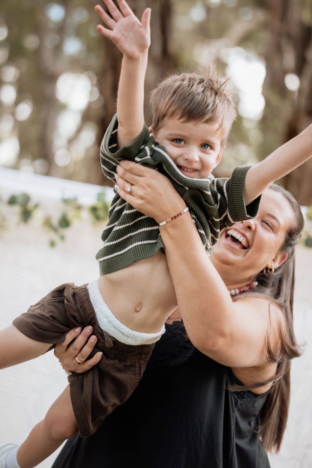 A sequence of joyful candid moments captured outdoors with natural lighting and trees in background.