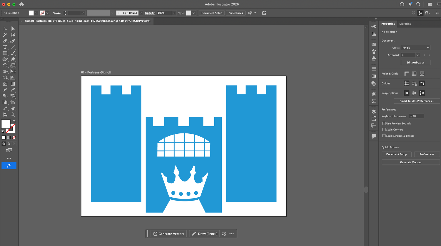 Adobe Illustrator workspace showing the Charlotte FC fortress castle logo design in blue and white.