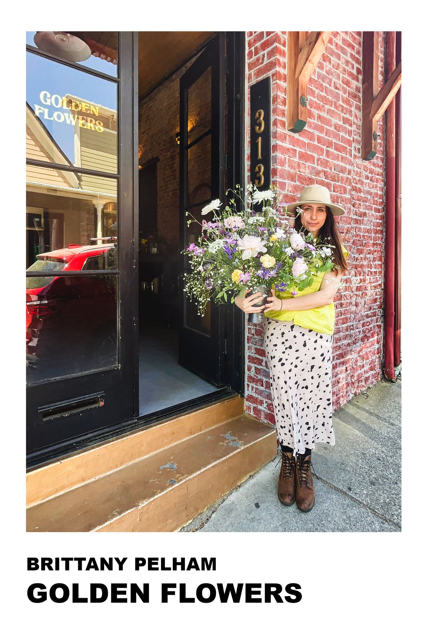 Three views of a storefront with a white floral pattern design and 'Golden Flowers' text on a brick building exterior.