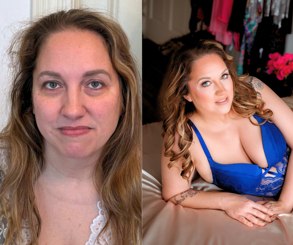 Before and after boudoir makeover showing woman with natural look transformed with glamour makeup, styled hair, and blue lingerie.