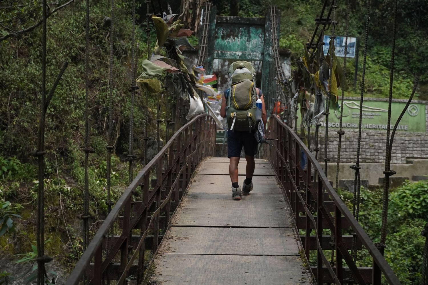 A wide shot of a trekker with a heavy backpack crossing an old suspension bridge in the mountain forest.