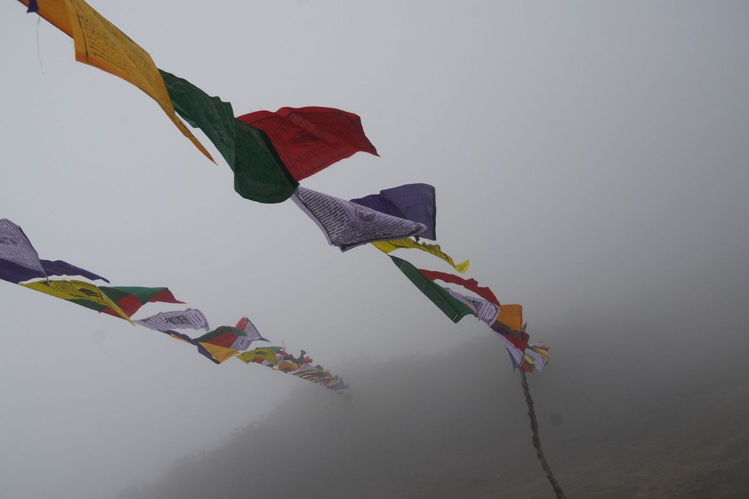 Buddhist prayer flags fluttering in heavy mountain mist and fog, a symbolic moment from the Goechala trekking pilgrimage.