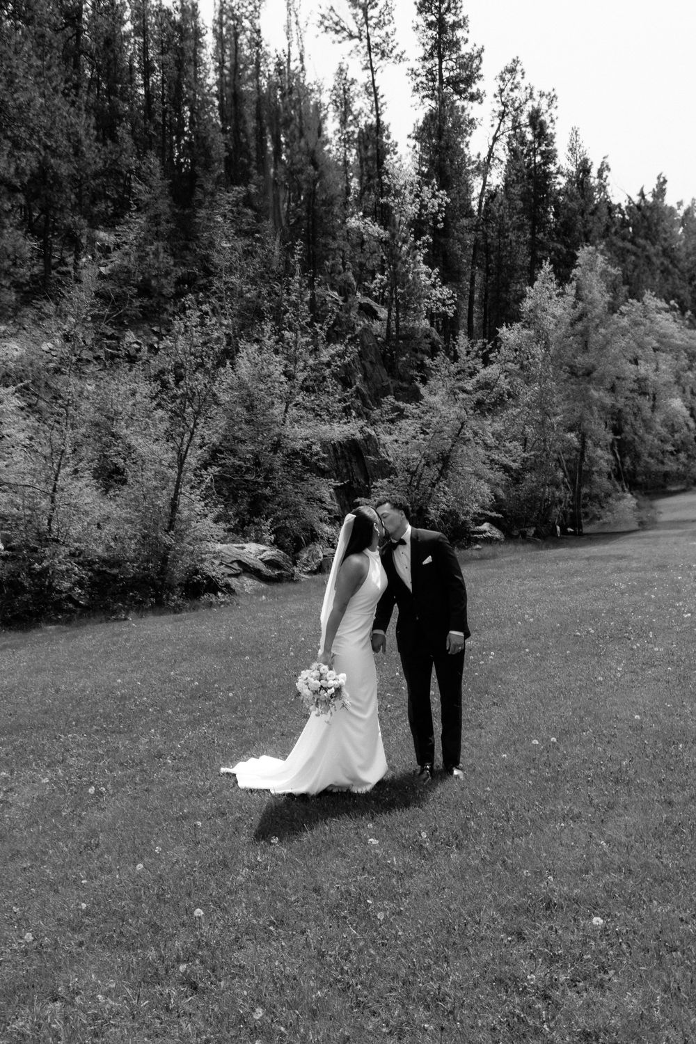 Black and white photo of a bride and groom kissing on a grassy lawn surrounded by lush forest trees.