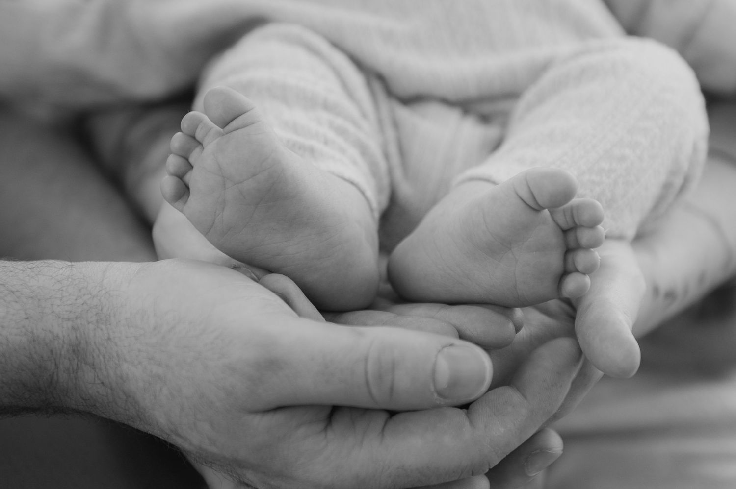 Black and white photo of a newborn baby's tiny feet cradled gently in an adult's hands.