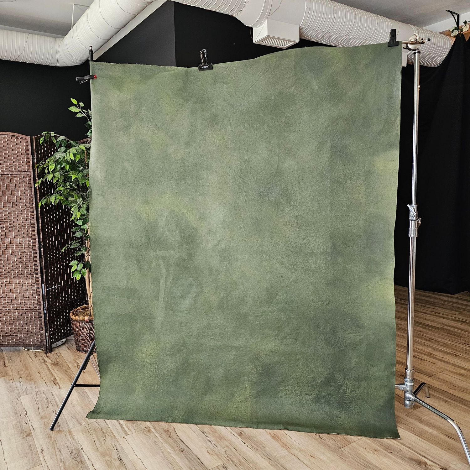 Professional photography studio setup with a green canvas backdrop mounted on stands against a wooden floor.