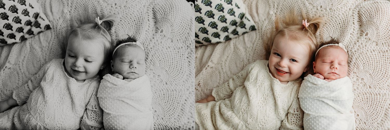 A series of black and white photographs showing a sleeping baby in different poses on soft textured blankets.
