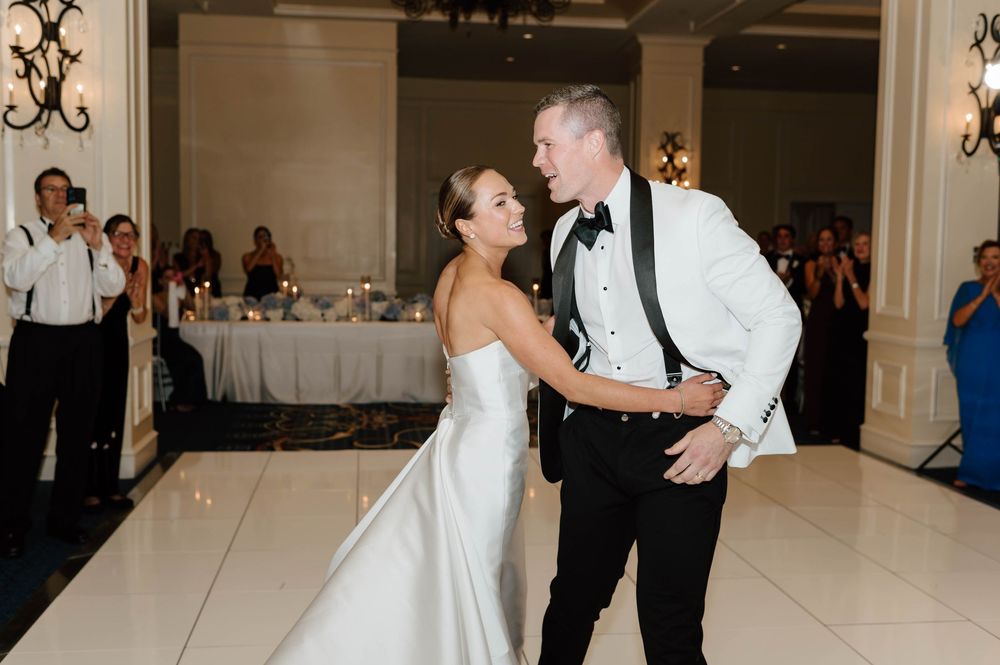 A sequence of dance photos showing couples twirling and moving across a white ballroom floor at a wedding reception.