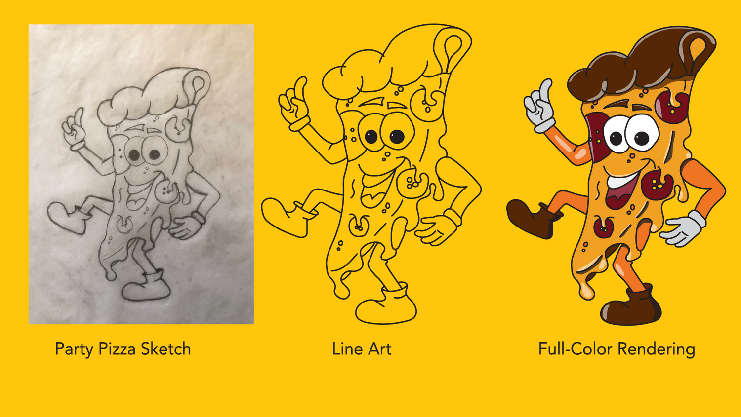 Design process showing sketch to final colored mascot character progression.