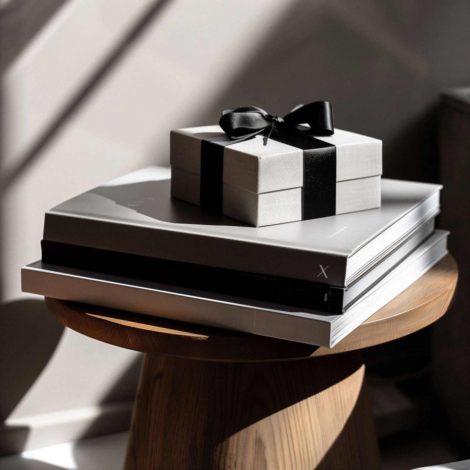 Elegant white gift box with black ribbon bow stacked on books atop a modern wooden side table in soft natural light.