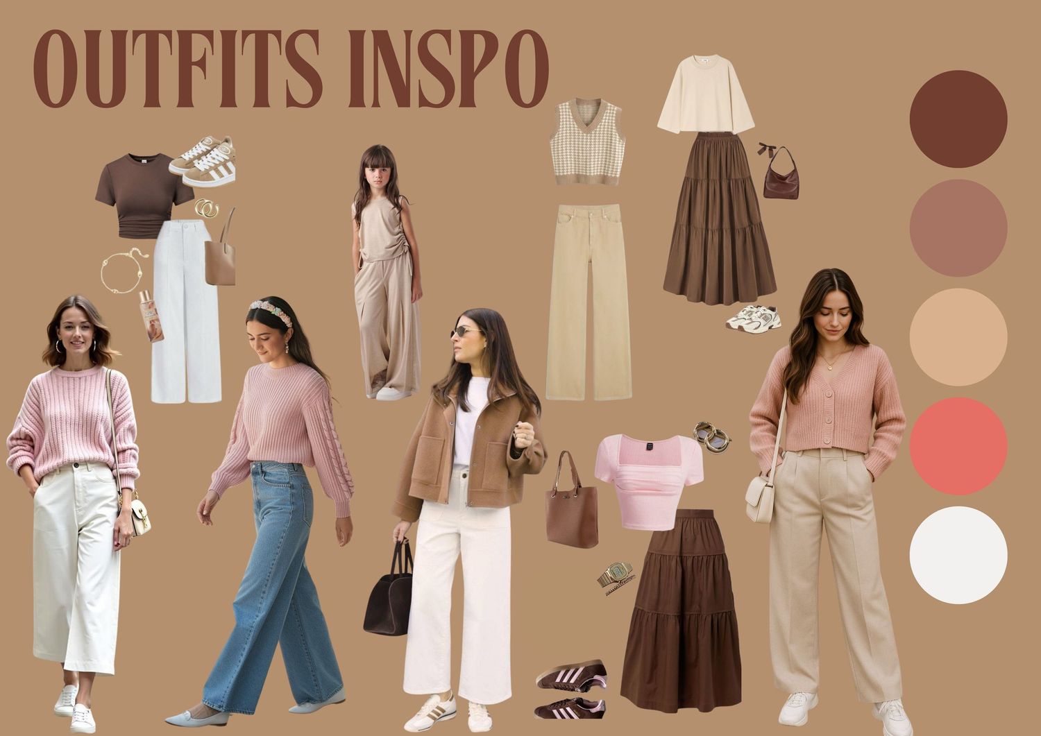 Fashion mood board collage featuring neutral toned outfits, casual wear and loungewear styled with floral accents.