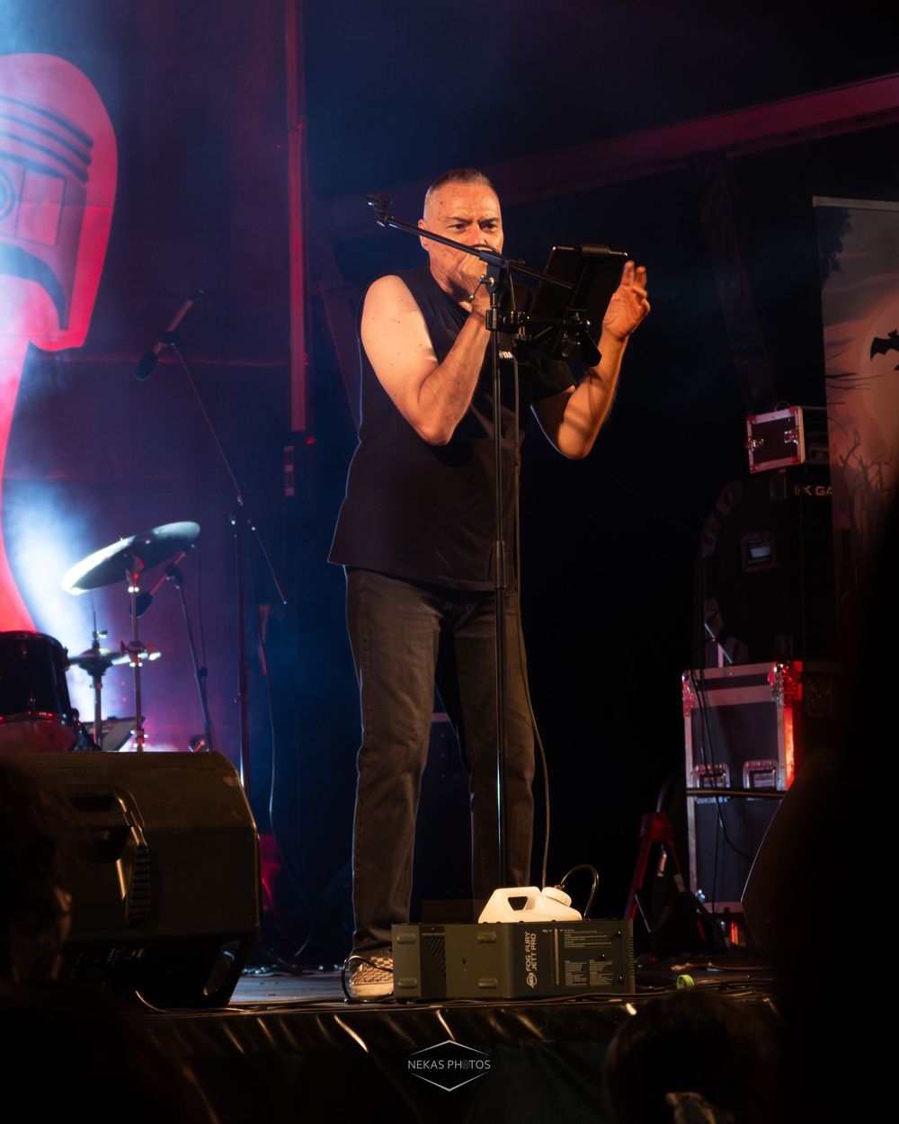 Male vocalist performs on stage in black outfit under red and purple stage lights at a live music event.