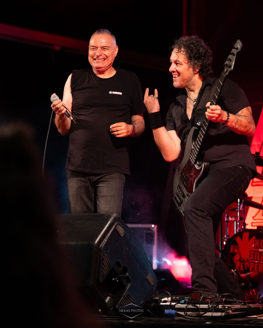 Two male rock musicians performing on stage, one singing into a mic and one playing electric guitar, both wearing black shirts.