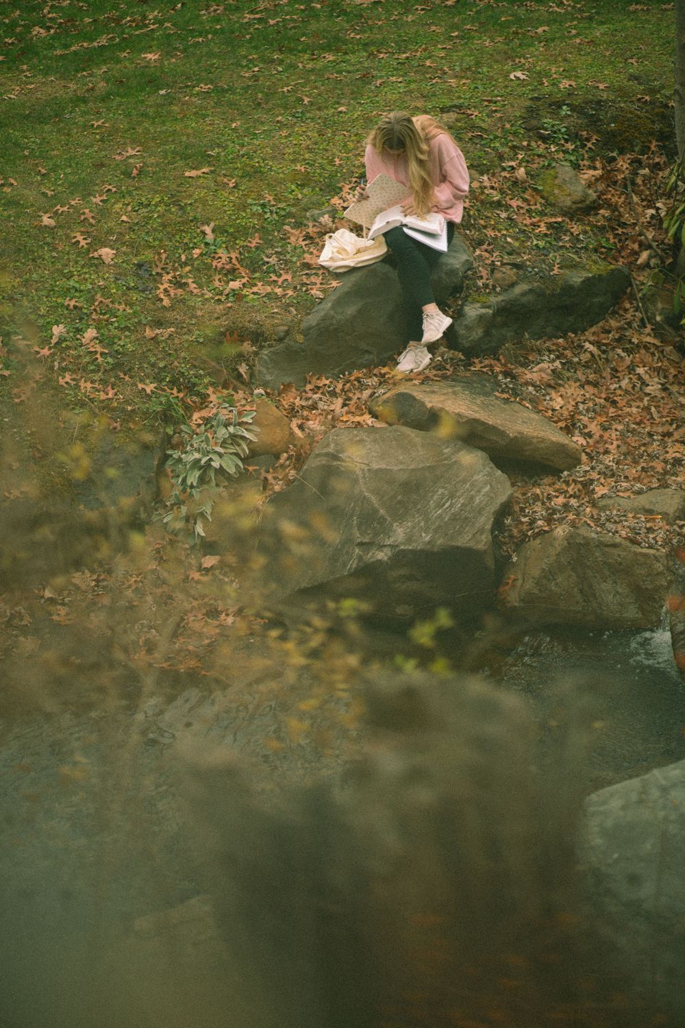 Woman reading book while seated on large rocks near stream in autumn park setting.