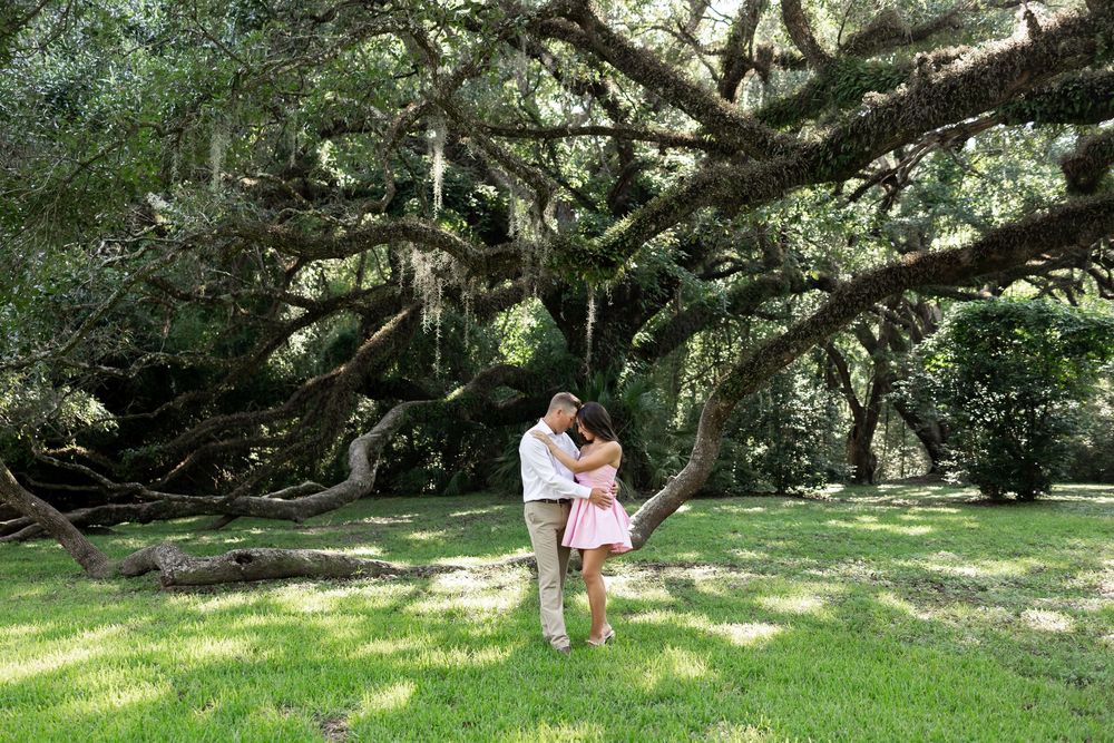 Couple embracing under sprawling oak trees draped with Spanish moss on a lush green lawn.