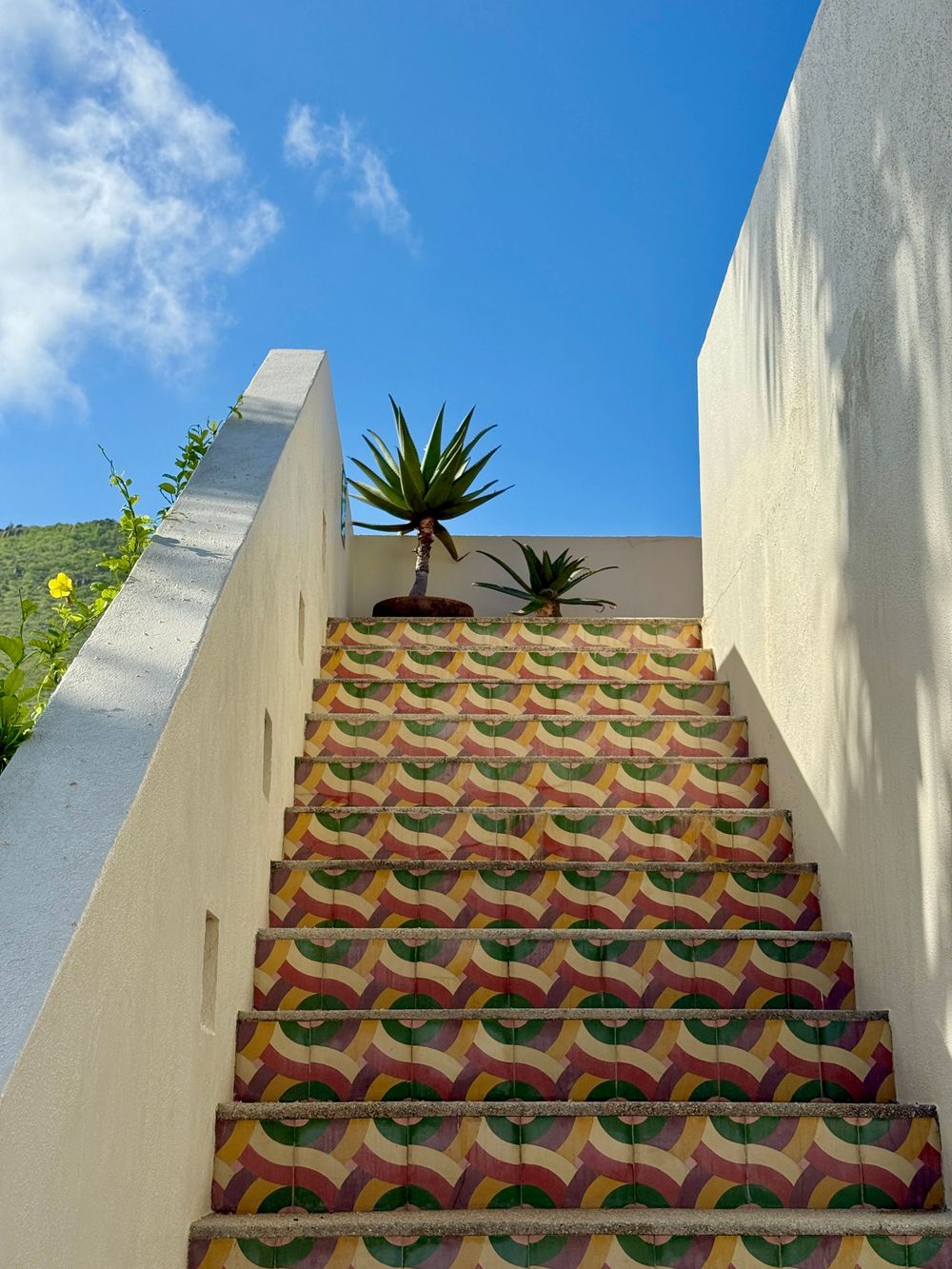 Colorful geometric tiled staircase with agave plants against a bright blue sky.