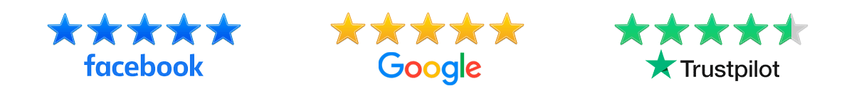 Rating and review stars from Facebook, Google, and Trustpilot platforms.