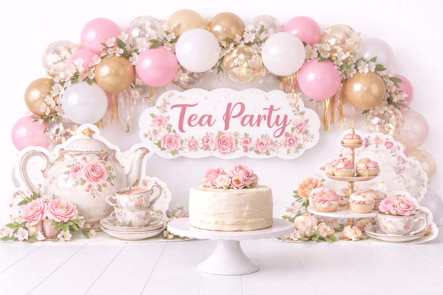 Elegant tea party setup with pink and gold balloon arch, floral cake, macarons, and decorative teapot on white backdrop.Elizabeth Lang