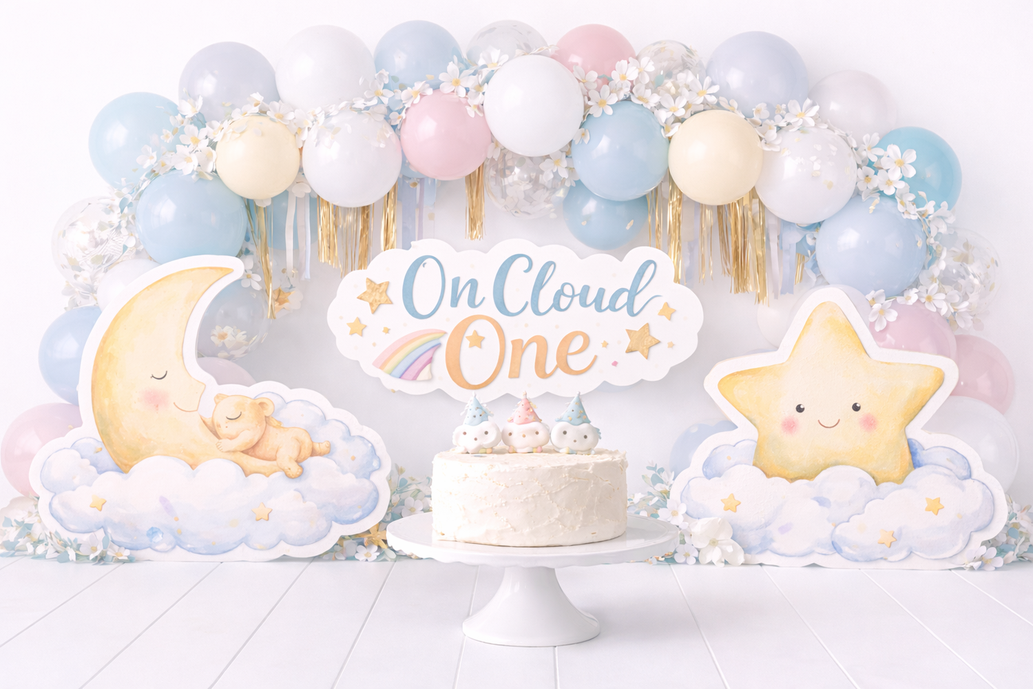On Cloud One first birthday cake smash backdrop with balloons, moon, star, and pastel decorations.Elizabeth Lang