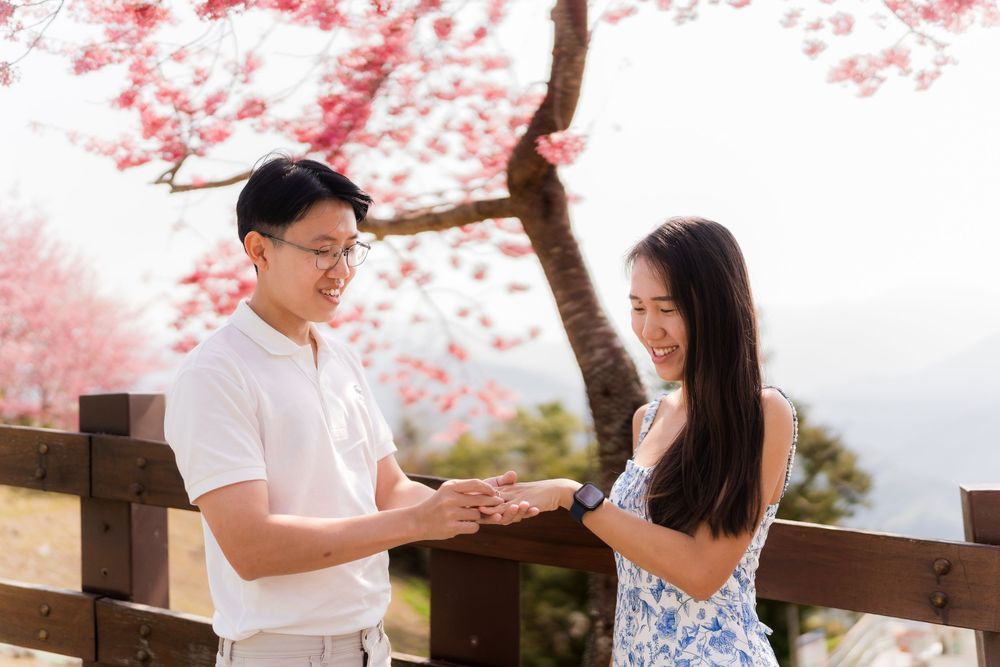 Couple sharing a romantic moment under pink cherry blossom trees, man placing ring on woman's finger outdoors.