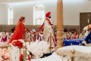 Traditional Sikh wedding ceremony in progress with guests seated and bright red decor at an indoor venue.