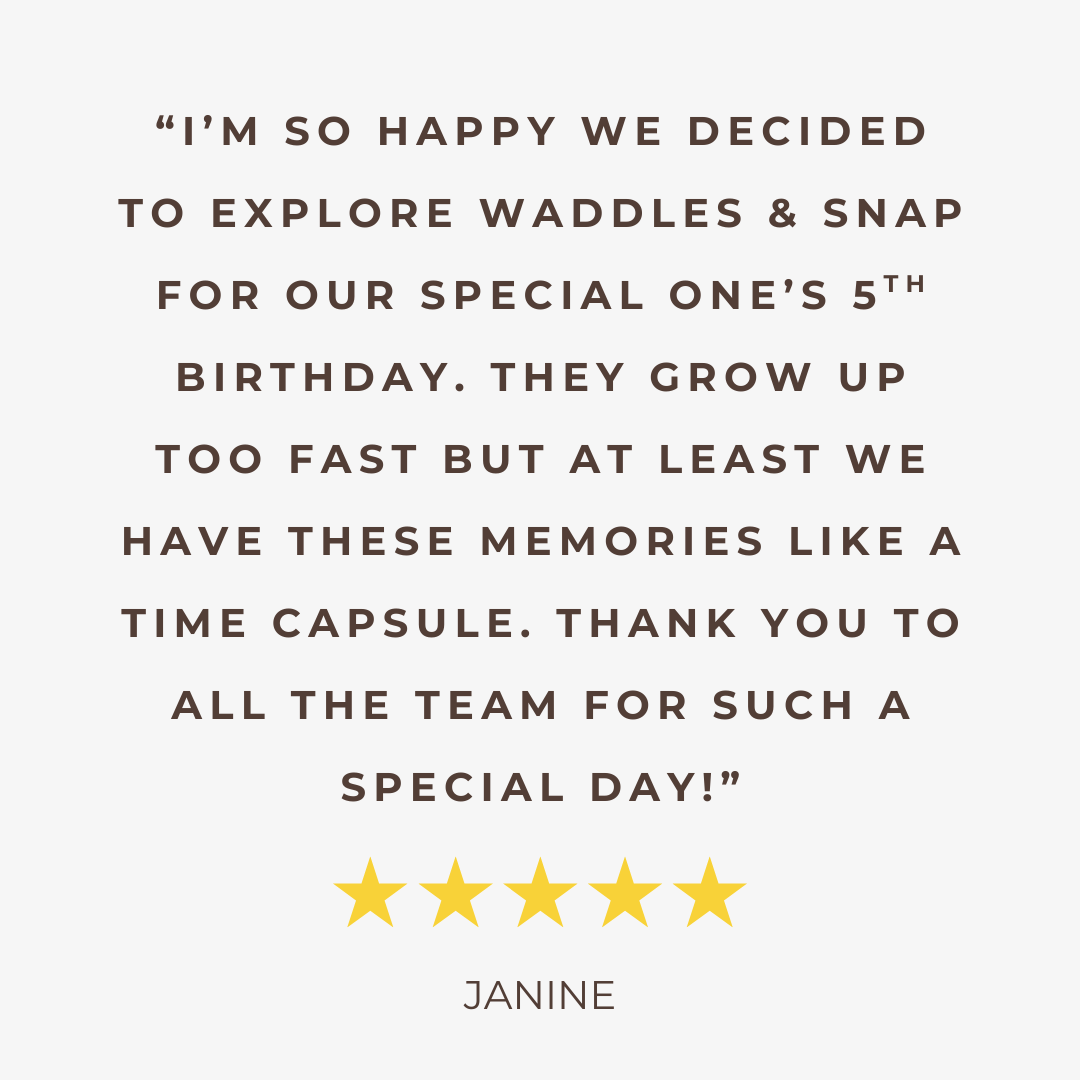 Customer review testimonial message about a 5th birthday photoshoot at Waddles & Snap studio