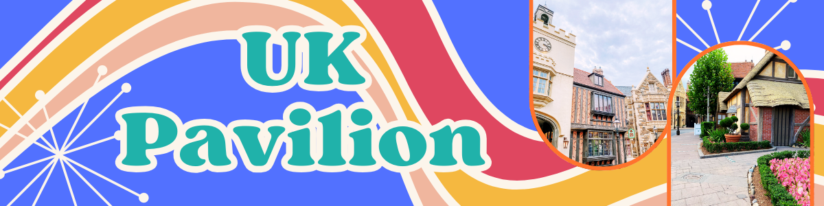 Colorful banner for UK Pavilion with rainbow gradient stripes and architectural buildings against a blue firework background.