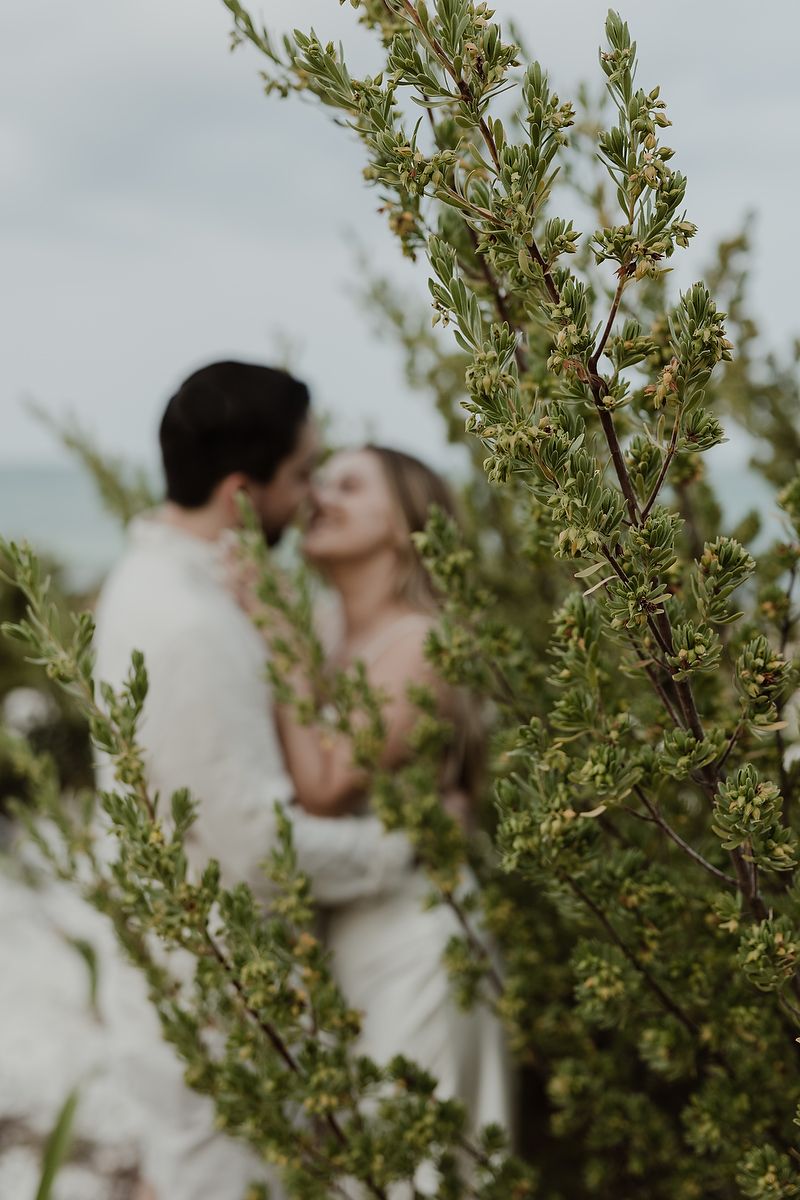 Couple kissing surrounded by tropical greenery during an engagement photoshoot in Riviera Maya.