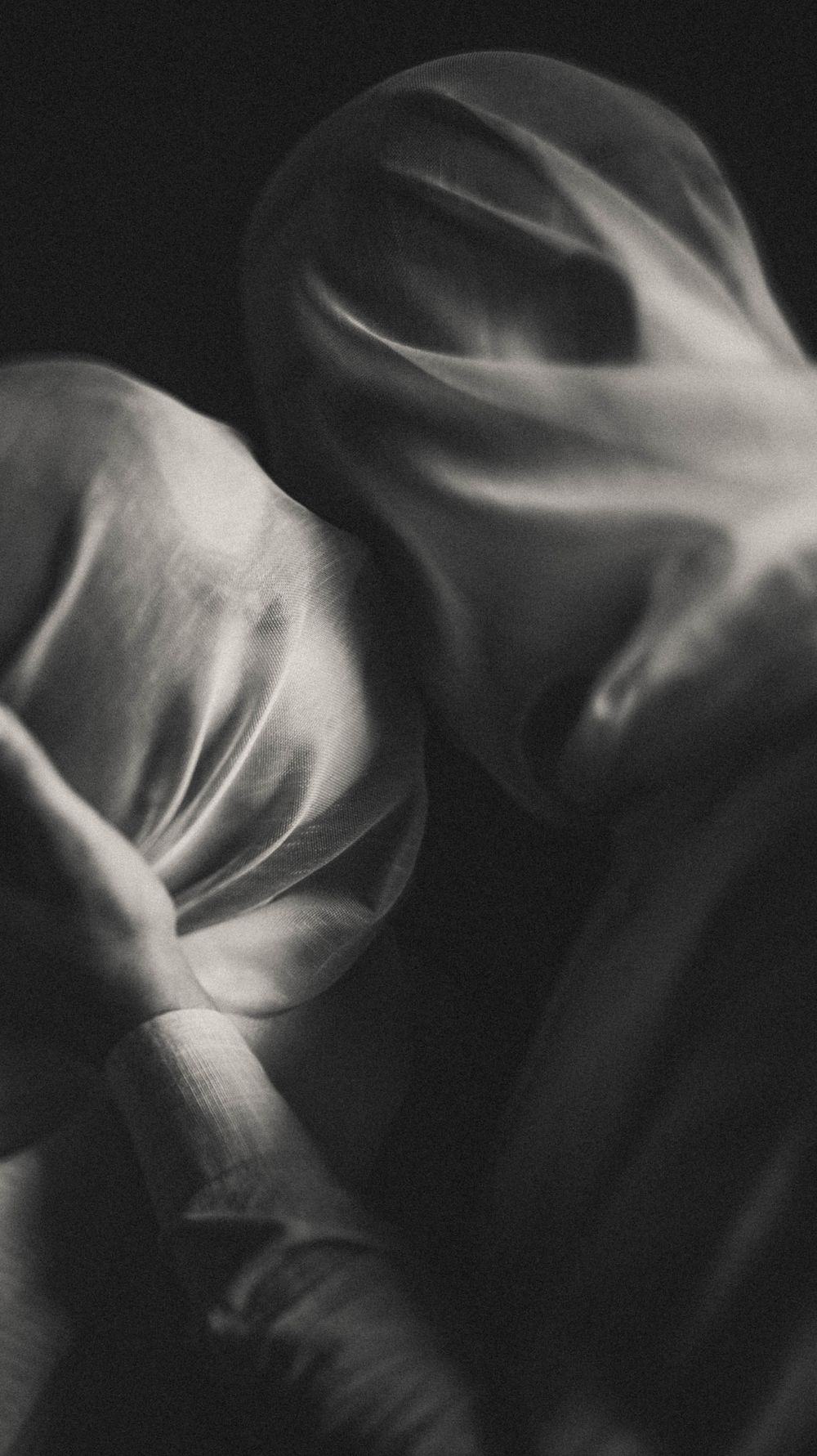 Abstract black and white photograph with flowing ethereal shapes.
