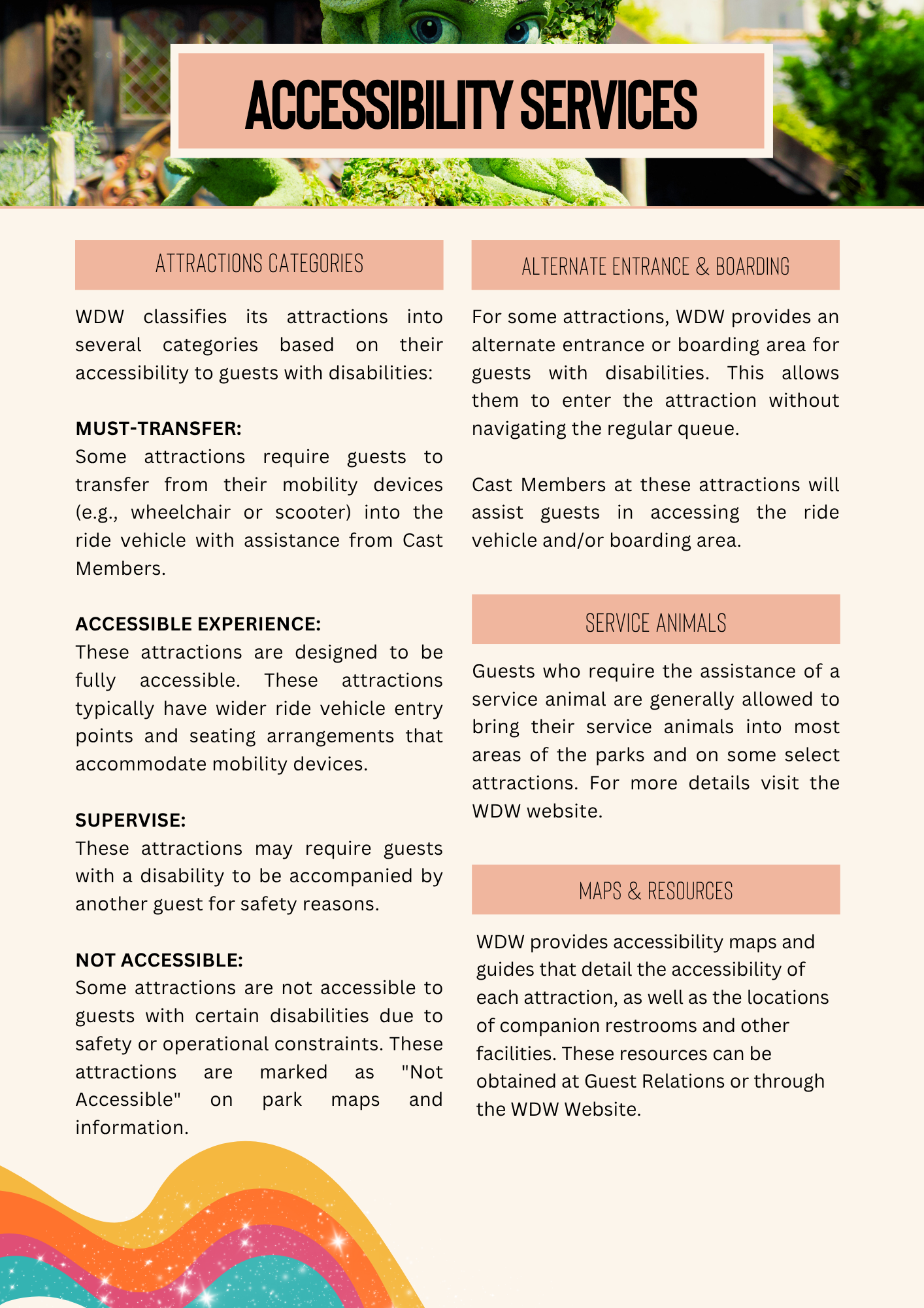 Overview of Disney World's accessibility services and accommodations for guests with disabilities.