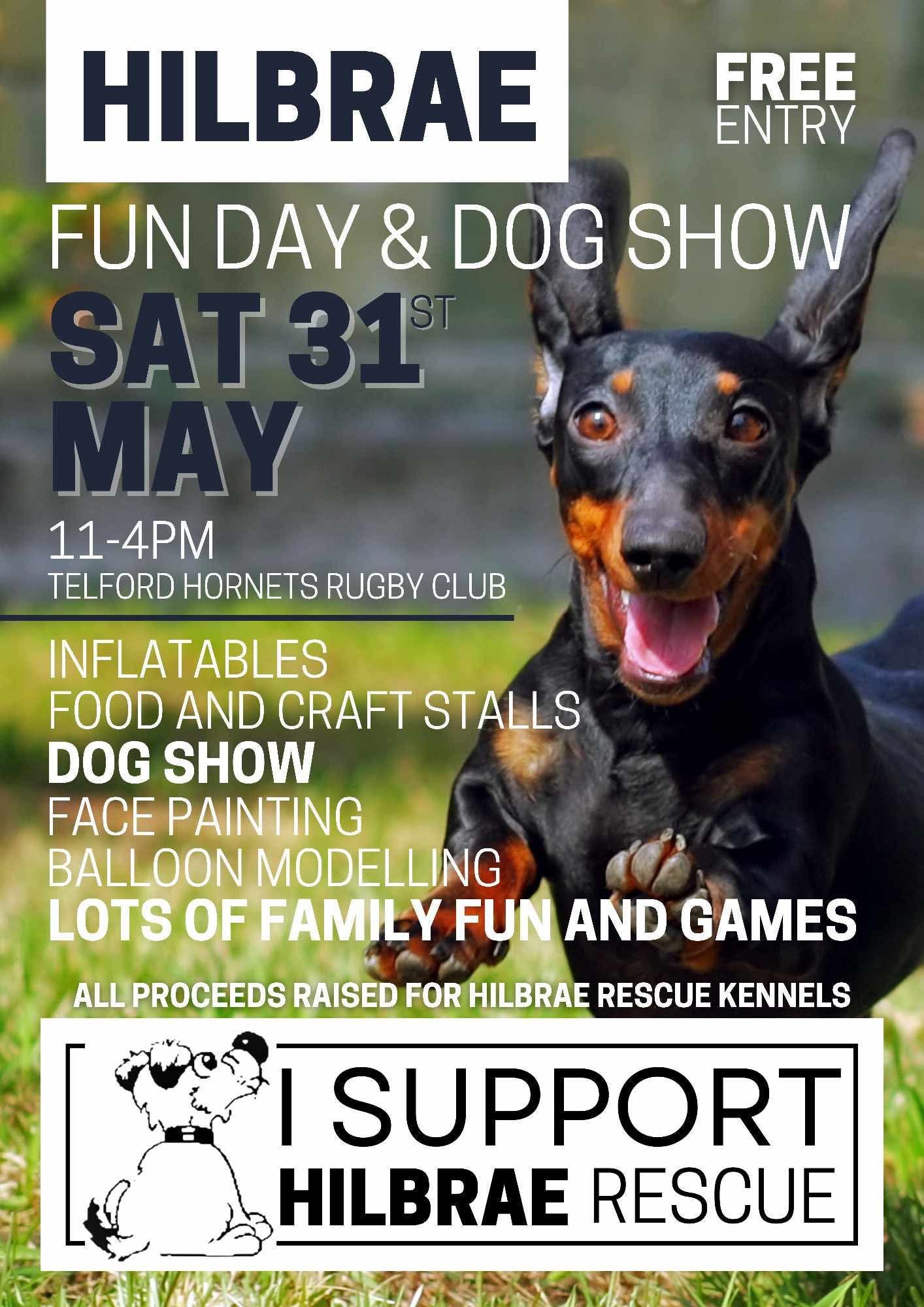 Event poster for Hilbrae Fun Day and Dog Show featuring inflatables, games, and food stalls at Telford Hornets Rugby Club.