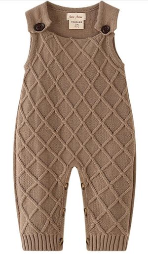 Cozy brown knit baby romper with diamond pattern and button straps in vintage style.