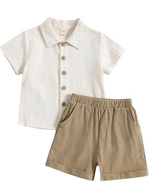 Two-piece children's outfit with white collared button-up short sleeve shirt and khaki elastic waist shorts.